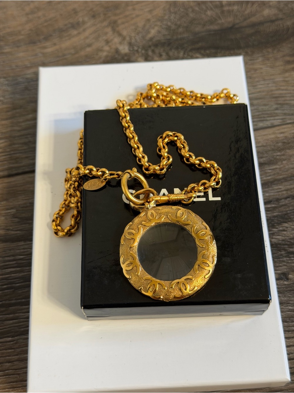 CHANEL Vintage Magnifying CC Logo Glass Pendant Necklace